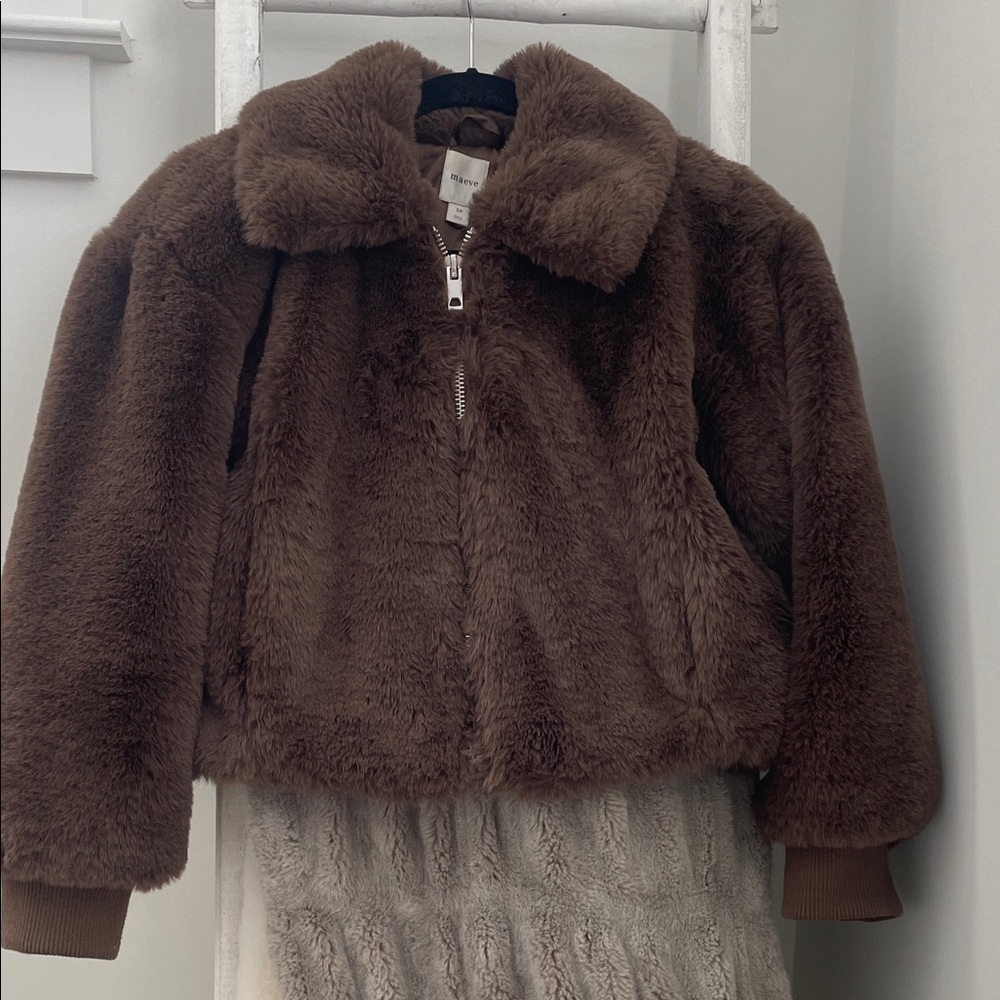 Maeve Anthropologie Brown  Faux Fur Zip Jacket